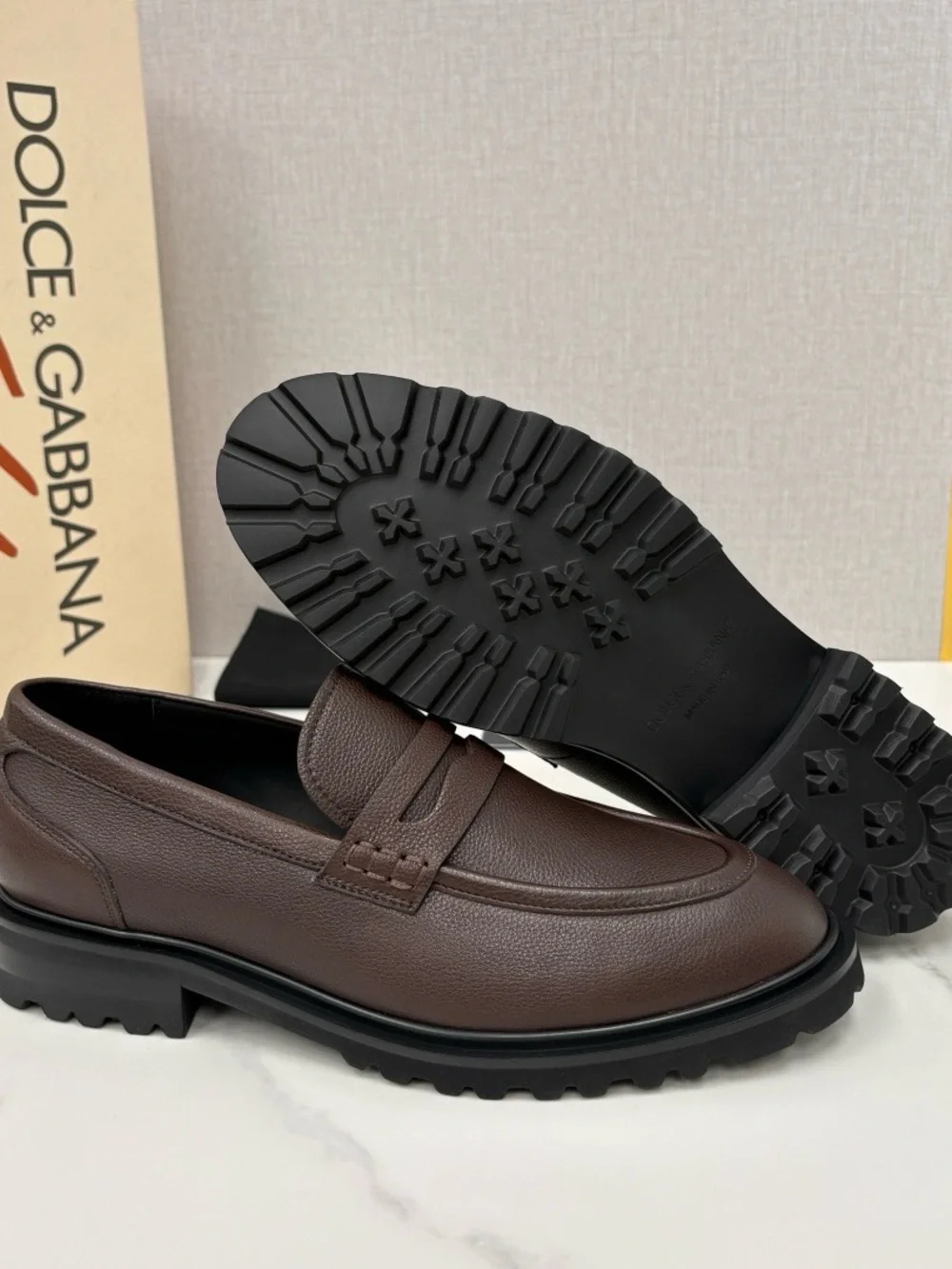 Dolce & Gabbana Men’s Brown Pebbled Leather Penny Loafers